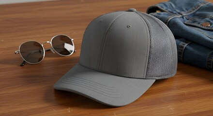 Stylish blank gray baseball cap with sunglasses and folded denim. Men's or women's casual fashion essentials on a wooden table.