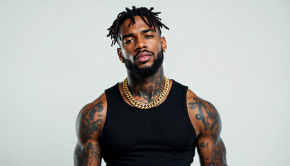 Confident rap artist in gold chain and tattoos posed against white backdrop.