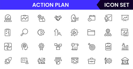 Action plan vector line icons featuring checklists, strategies, timelines, goals, tasks, progress tracking, decision making, teamwork, and project steps.
