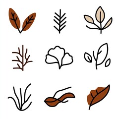 Collection of Stylized Leaves, Branches, and Nature-Inspired Icons in Earthy Tones