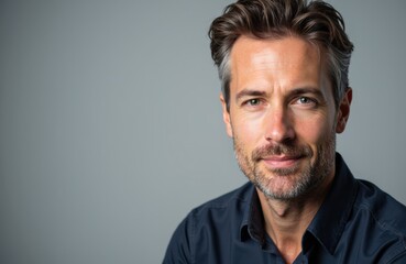 Fototapeta premium Confident middle-aged man with styled hair and a slight smile looking at the camera