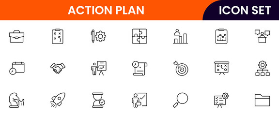 Action plan vector line icons featuring checklists, strategies, timelines, goals, tasks, progress tracking, decision making, teamwork, and project steps.