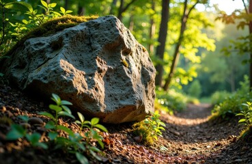 Obraz premium Large moss-covered rock along a sunlit forest trail in a lush green woodland setting