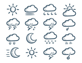 Obraz premium Hand-drawn weather icons with clouds, sun, rain, lightning, and snow in sketchy cartoon style