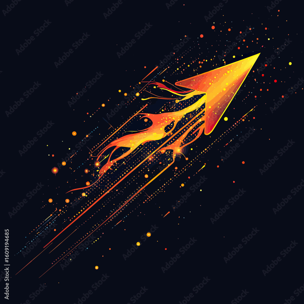Poster fiery arrow pointing up with abstract flames and dynamic glowing particles on dark background symbol