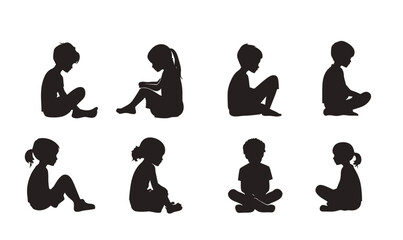 Silhouettes of eight seated children in various sitting poses side view black and white minimalist vector illustration of kids sitting quietly or attentively reading or meditating