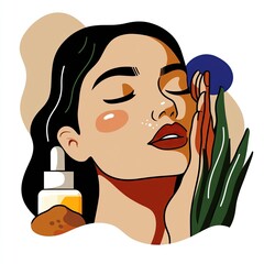 Illustrated Woman's Natural Skincare Routine with Botanicals  Serum for Wellness