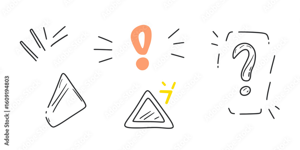 Poster hand drawn doodle question mark and exclamation mark with sketched warning triangles and emphasis li