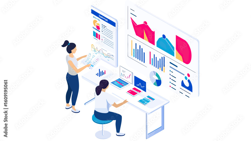 Poster two professionals analyzing digital business data visualization charts and graphs on large screens i