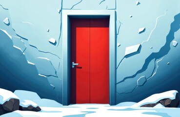 A red door set in a wall with cracks and snow around the base, suggesting a scene of escape or transition