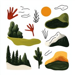 Abstract Nature Elements Collection: Sun, Mountains, Forests, and Landscapes