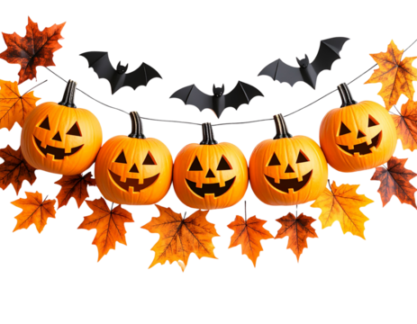 Curved Pumpkin Garland with Bats and Leaves – Front View, Flat Lay Style, isolated on transparent background
