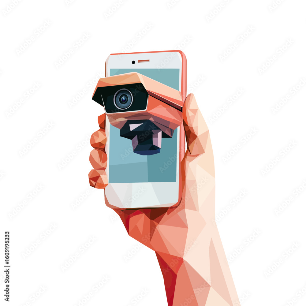Poster low poly 3d hand holding smartphone with realistic security camera emerging from screen isolated on 