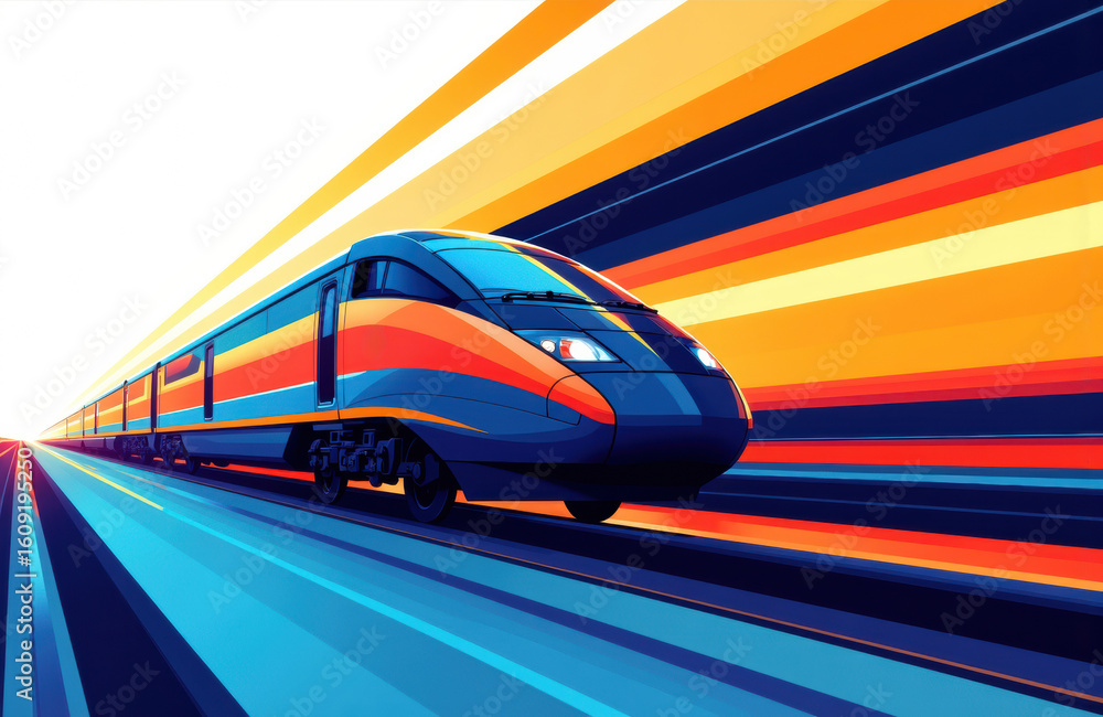 Poster high-speed train moving forward with colorful motion streaks creating a sense of speed and modern tr