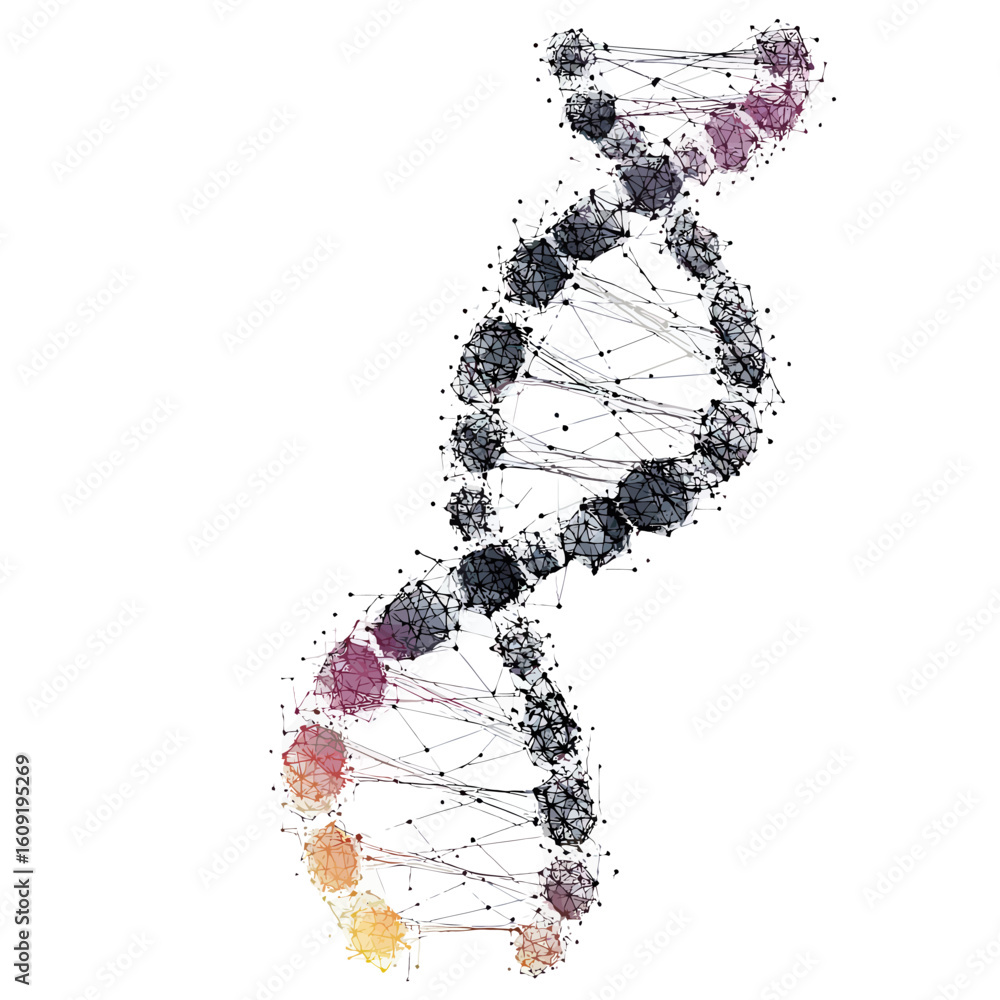 Poster abstract polygonal dna double helix structure composed of connected dots and lines with gradient col