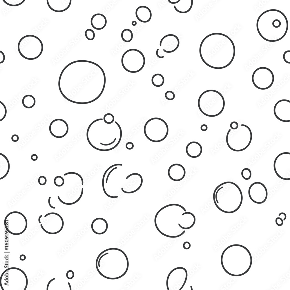 Poster seamless hand drawn black line soap bubble pattern with various sized floating water bubbles and spa