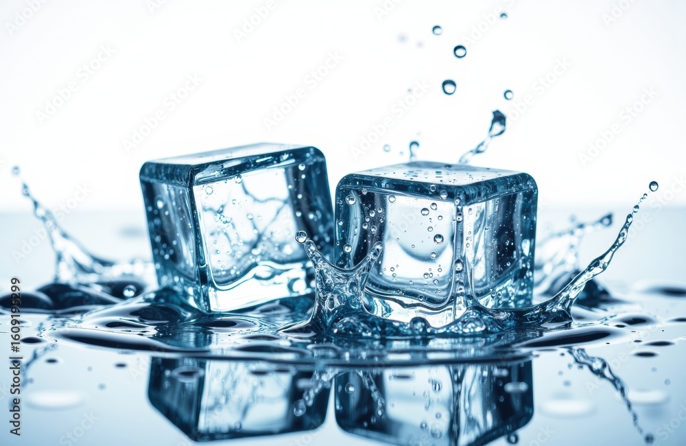 Poster two ice cubes melting in water with splashes and reflections creating a dynamic scene