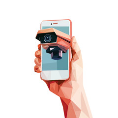Low poly 3d hand holding smartphone with realistic security camera emerging from screen isolated on white background for surveillance and privacy concept