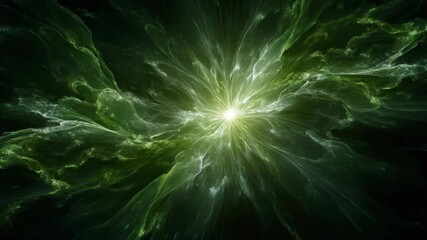 Bright green light explosion with swirling energy trails in abstract style on dark background, concept of cosmic power or energy surge - Powered by Adobe