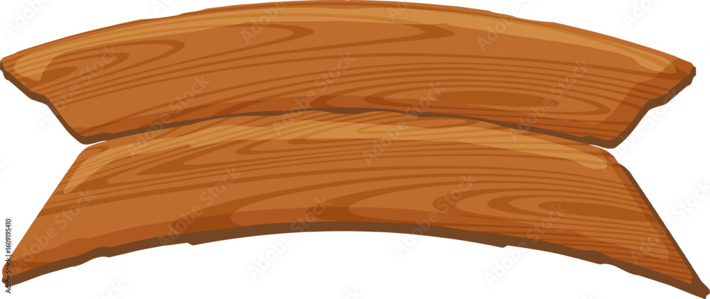 Poster two curved wooden planks forming a rustic banner with ample copy space, isolated against a clean whi