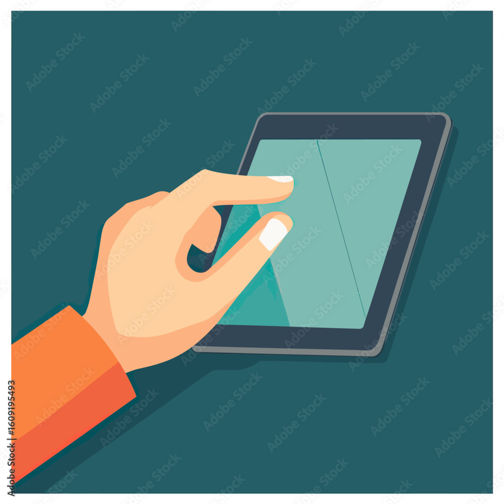Poster hand touching tablet screen with finger in flat minimalist vector style technology digital interacti