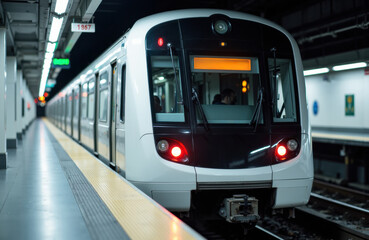 Fototapeta premium Modern subway train arriving at underground station platform with passengers onboard