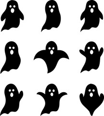 Collection of nine black ghost silhouettes for Halloween design