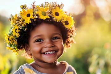Sunny daylight. Smiling black infant boy with tt hair wearing yellow flower circlet on his head. Happy vacation time holidays idea. Sun-kissed boy with a wreath. Playful child enjoying summer.