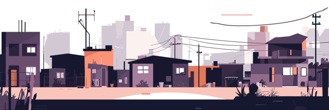 urban slum residential area with small modest houses and power lines in flat minimalist vector cityscape background