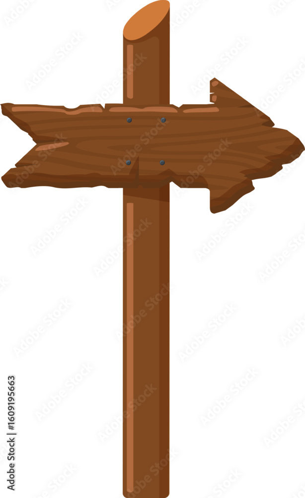 Poster wooden arrow sign pointing right, mounted on a pole and set against a white background, serving as a