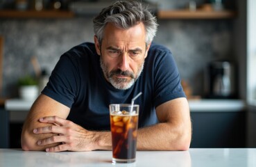A middle-aged man with gray hair and beard looks thoughtfully at a glass of iced cola on a kitchen counter