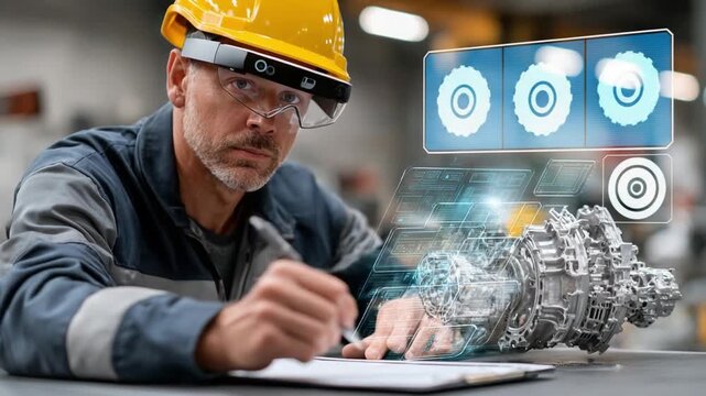 Innovative Engineering: A focused engineer, equipped with cutting-edge augmented reality glasses, meticulously examines complex machinery designs and diagrams.