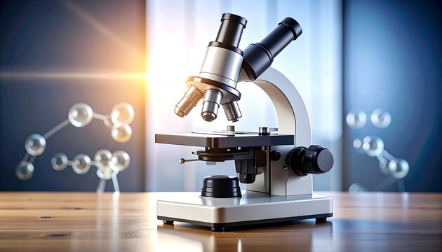 Modern microscope on a wooden table - Powered by Adobe