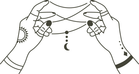 Two hands adorned with sun and moon tattoos intertwining strings to form a cat's cradle figure, symbolizing the connection between celestial opposites and playful creativity