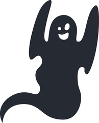 Cartoon Halloween ghost waving and smiling with raised arms, presenting a simple and adorable illustration set against a clean white background, perfect for festive celebrations