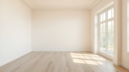 room remodel light wood grain vinyl flooring and cream painted wall, AI Generative