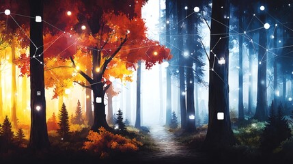 Obraz premium Enchanted Forest with Digital Elements and Autumn Colors