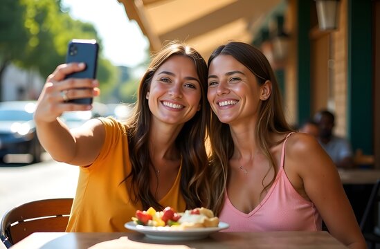 Two women take a selfie and sit at the table in city restaurant terrace. Summer cafe. Best friends a happy