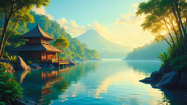 A surau is located on the shore of a calm lake