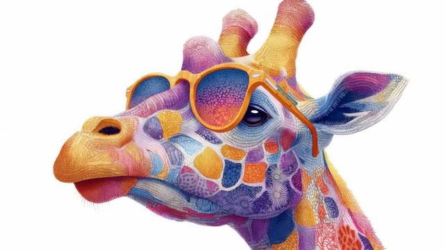 Stylized giraffe head with sunglasses in colorful mosaic pattern on clean white background, concept of quirky animal fashion and fun