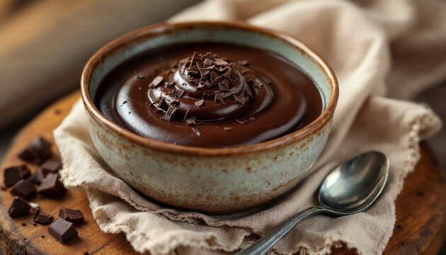 Rustic close-up of supangle dessert with chocolate shavings in ceramic bowl.
