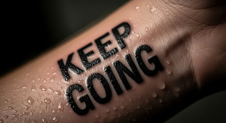 "Keep Going" Tattoo on Wet Arm Symbolizing Perseverance and Motivation