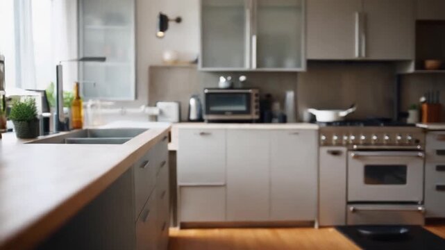 Modern kitchen with blur background stylish cabinets countertops and appliances for home renovation