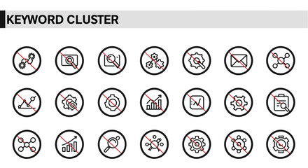 Vector icon set illustrating the keyword cluster concept for SEO, with symbols for data analysis, filtering, and negative keywords.