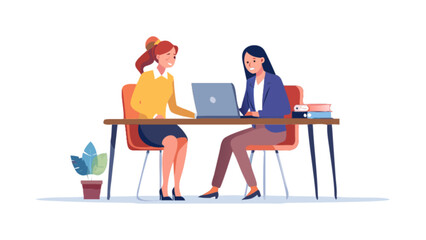 Two women collaborating on a laptop at a desk with a plant and books in an office setting together