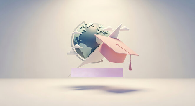 Clean, minimalist education design with a pastel globe and graduation cap, perfect for "1 September" (First Day of School) or academic themes, symbolizing global learning and achievement.