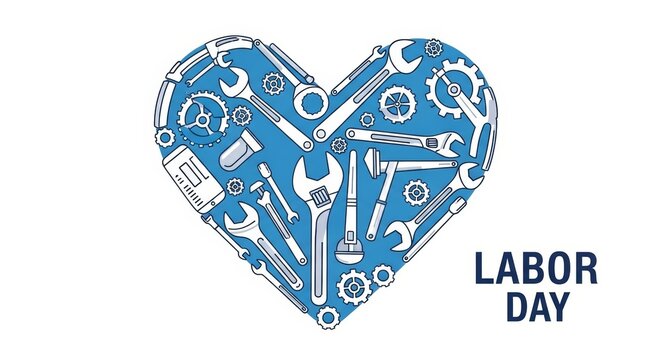 Clean, minimalist Labor Day design with various tools and gears forming a heart shape in blue and white, symbolizing unity and hard work. Perfect for professional use.