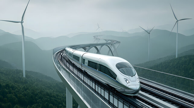 Futuristic high speed train on elevated track with wind turbines in misty mountains bullet train transportation - Powered by Adobe
