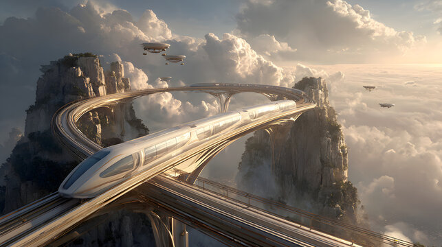 Futuristic high speed train on elevated track above clouds with flying vehicles transportation