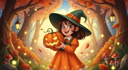 An enchanting illustration of a happy little witch in a green hat and orange dress, holding a carved pumpkin amidst a magical autumn forest illuminated by glowing lights and fallen leaves.